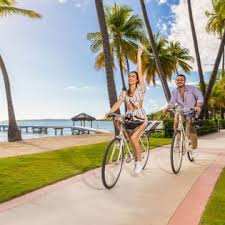 A man and a woman joyfully riding bicycles along a path lined with palm trees, with a beach and pier visible in the background under a clear blue sky.