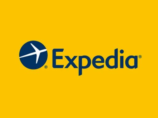 Expedia logo featuring a circular design with an airplane icon on a yellow background.