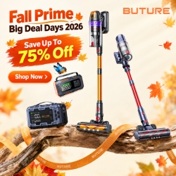 Promotional image featuring Buture vacuum cleaners for Fall Prime Big Deal Days 2026, highlighting discounts up to 75% off.