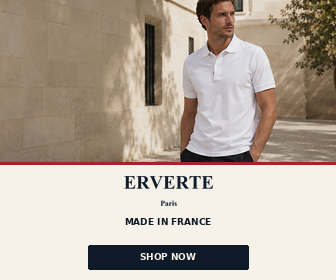 A man wearing a white polo shirt standing outside near a stone wall, promoting the ERVERTE brand with a 'Shop Now' button.