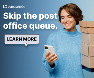 A woman holding a stack of boxes and looking at her smartphone, with a promotional message about skipping the post office queue.