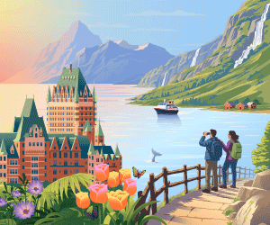 A scenic landscape featuring a colorful waterfront with a large castle-like building, a boat on the water, and two people standing on a path overlooking the view. The background includes mountains and lush greenery.