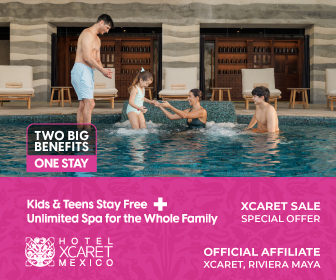 A family enjoying time together in a pool, with two adults assisting a child who is playing in the water. Promotional text highlights benefits of staying at Hotel Xcaret Mexico, including free stays for kids and teens and unlimited spa access.