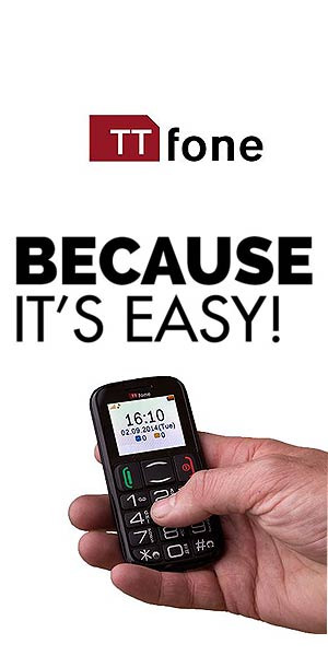 A person holding a simple mobile phone with a large display, accompanied by the TTfone logo and the text 'BECAUSE IT'S EASY!'